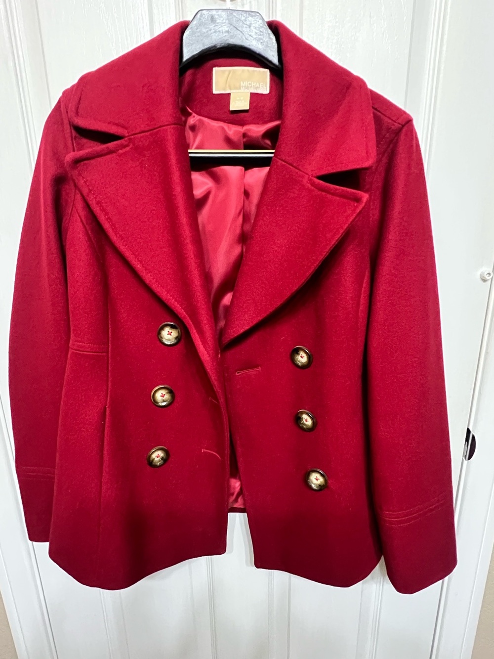 Michael Kors Crimson Red Double-Breasted Peacoat with Gold Buttons- Medium